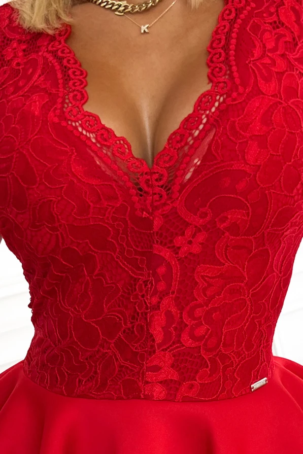368-3 ZLATA šaty s krajkovým výstřihem a pěnou - Červené