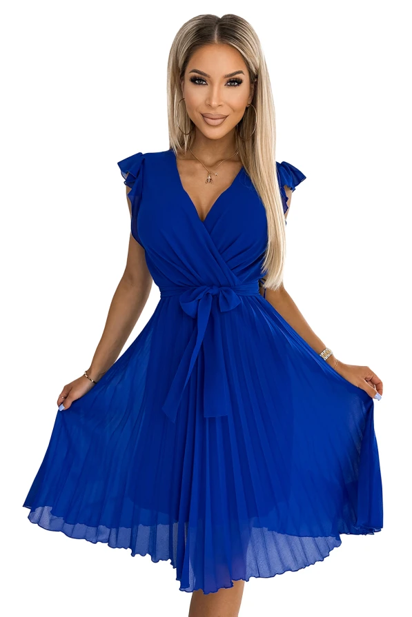 374-4 POLINA Plisované šaty s výstřihem a volány - modré