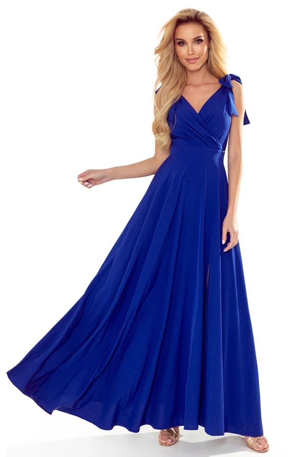 405-2 ELENA Dlouhé šaty s výstřihem a zavazováním na ramenou - modré
