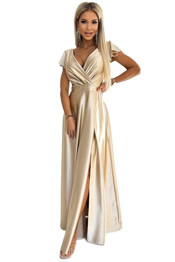 411-7 CRYSTAL saténové dlouhé šaty s výstřihem - zlaté
