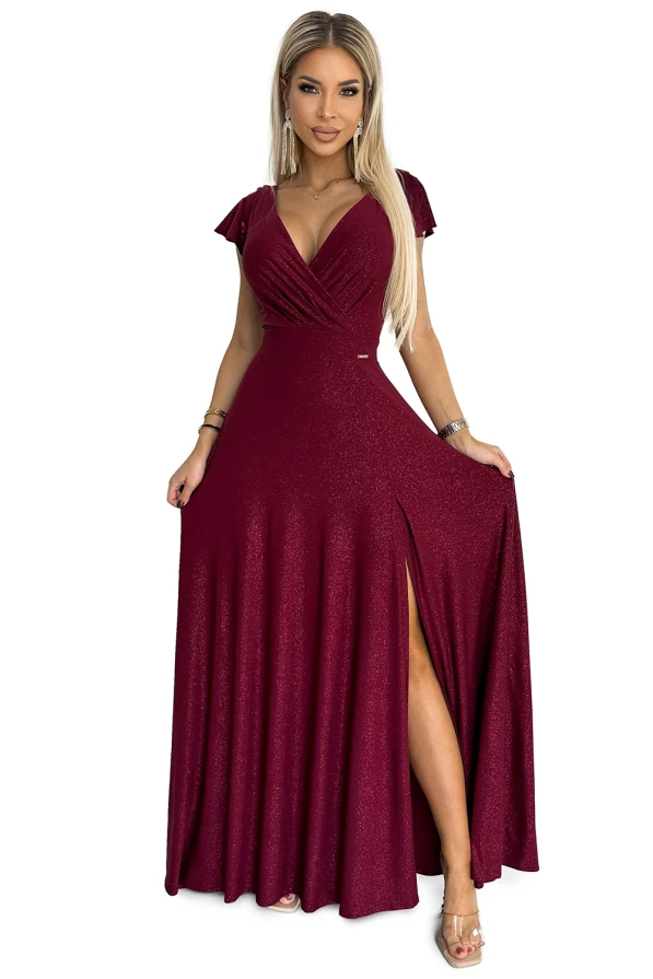 411-8 CRYSTAL třpytivé dlouhé šaty s výstřihem - Vínová barva