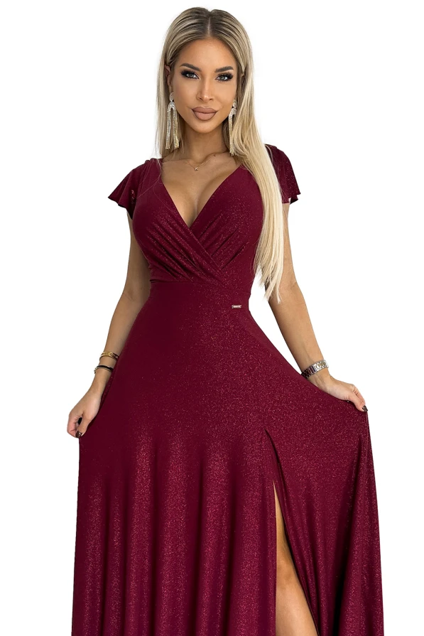411-8 CRYSTAL třpytivé dlouhé šaty s výstřihem - Vínová barva
