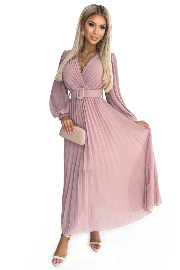 414-2 KLARA řasené šaty s páskem a výstřihem - pudrově růžové