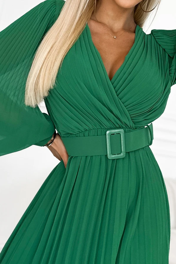 414-3 KLARA řasené šaty s páskem a výstřihem - zelená