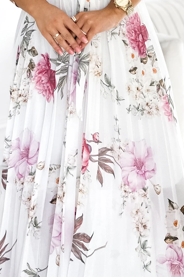 434-6 LISA Plisované midi šaty s výstřihem a volány - jarní květiny na bílém pozadí
