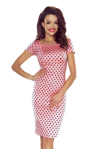 440-2 Elegantní bavlněné šaty s krátkým rukávem - růžové s tmavě modrými puntíky