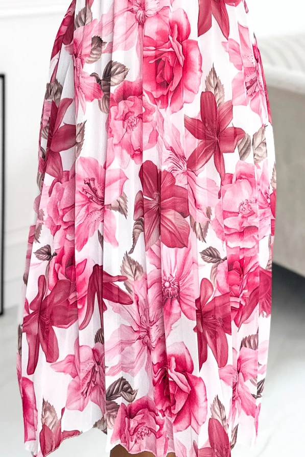 449-5 CARLA Plisované midi šaty na knoflíky a dlouhý rukáv - tmavě růžové květy na bílém pozadí
