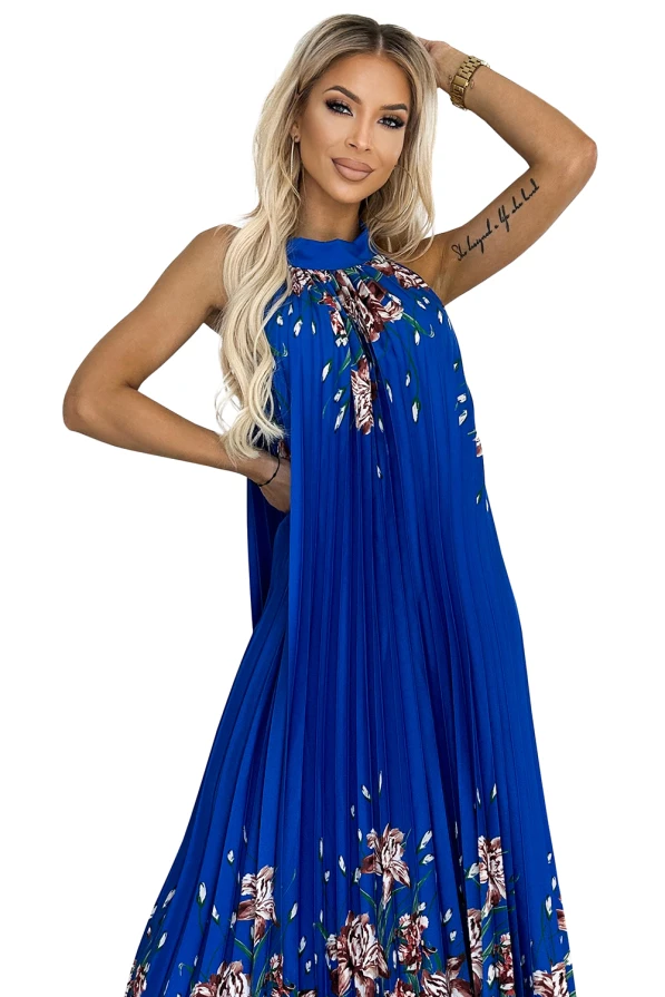 456-1 ESTER Plisované saténové maxi šaty - modrá s květinami
