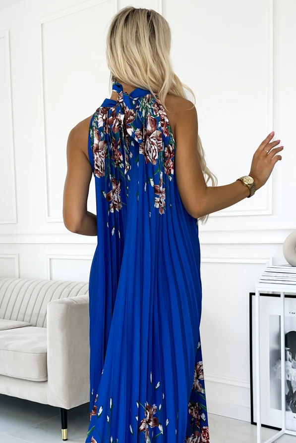 456-1 ESTER Plisované saténové maxi šaty - modrá s květinami