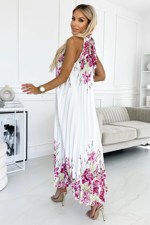 456-2 ESTER Plisované saténové maxi šaty - bílé s růžovými květy