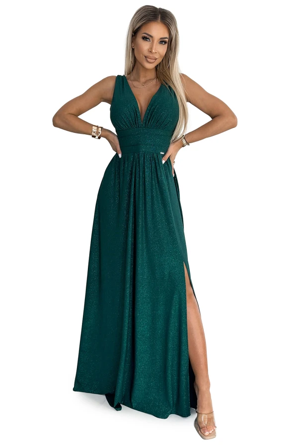 490-3 SUSAN Dlouhé brokátové šaty s výstřihem a prošíváním v pase - zelené