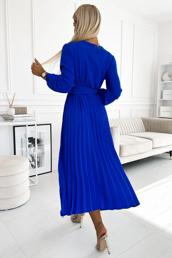 504-1 VIVIANA Plisované midi šaty s výstřihem, dlouhým rukávem a širokým páskem - modré