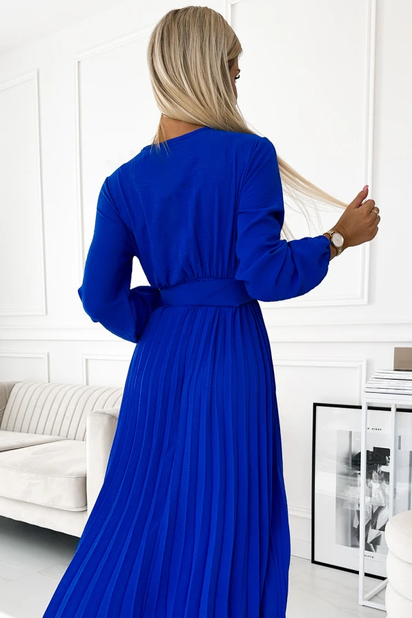 504-1 VIVIANA Plisované midi šaty s výstřihem, dlouhým rukávem a širokým páskem - modré