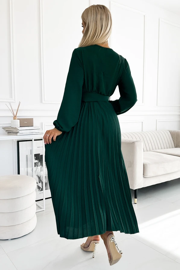 504-3 VIVIANA Plisované midi šaty s výstřihem, dlouhým rukávem a širokým páskem - zelené