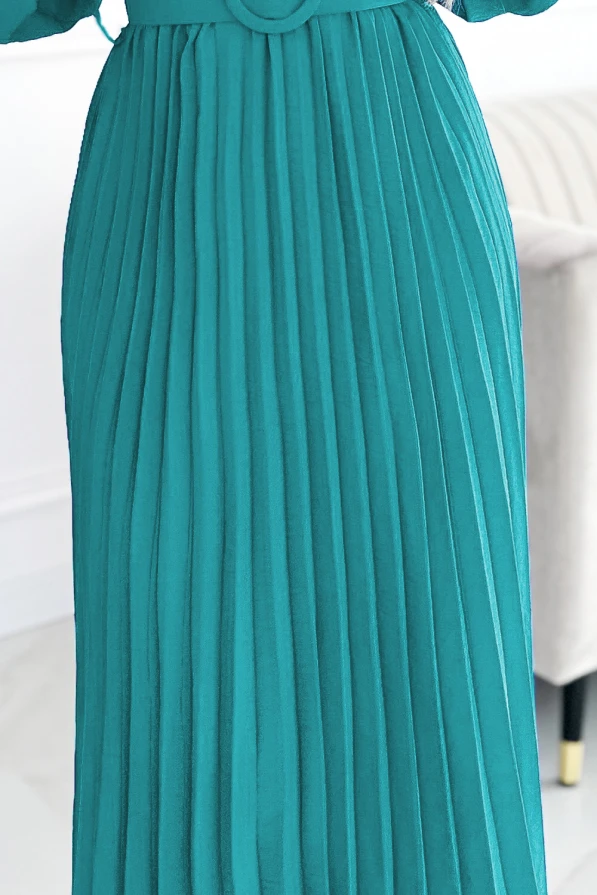 504-6 VIVIANA Plisované midi šaty s výstřihem, dlouhým rukávem a širokým páskem - barva moře