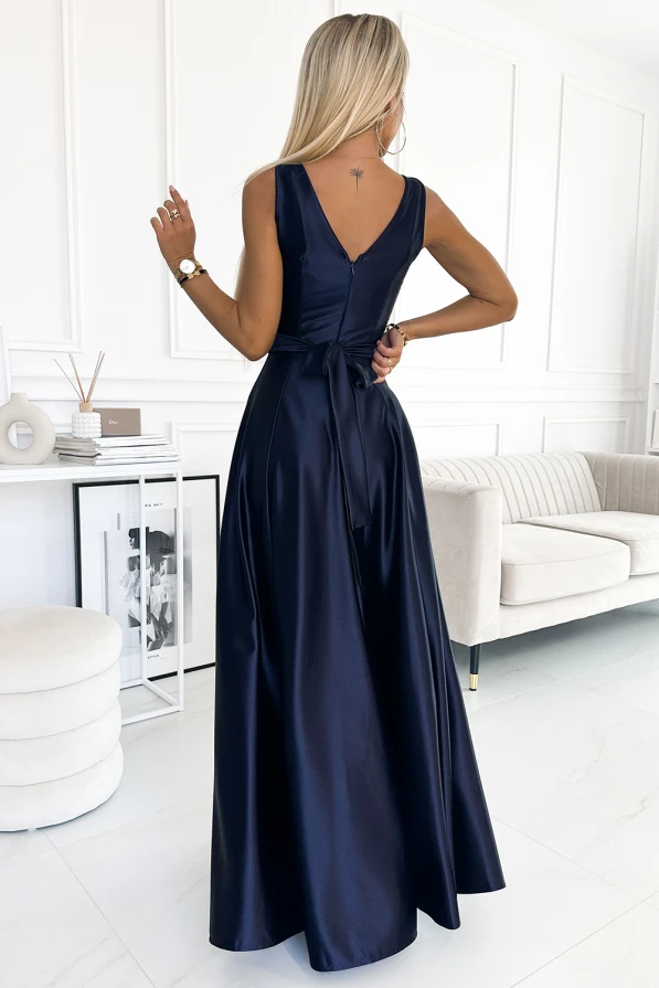508-1 CINDY dlouhé saténové šaty s výstřihem a mašlí - tmavě modré