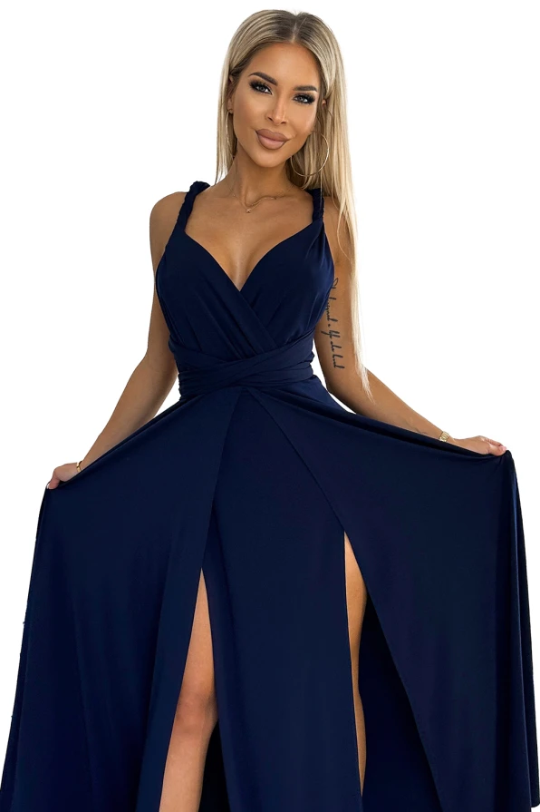 509-1 Elegantní dlouhé šaty se zavazováním na mnoho způsobů - tmavě modrá