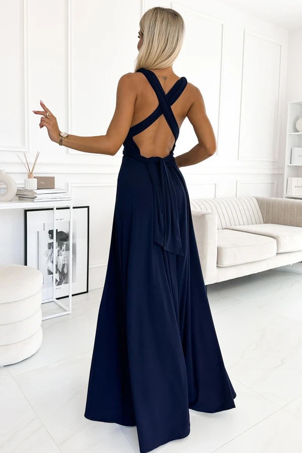509-1 Elegantní dlouhé šaty se zavazováním na mnoho způsobů - tmavě modrá
