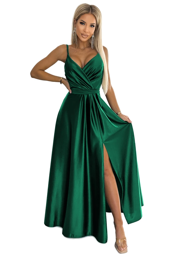 512-1 JULIET elegantní dlouhé saténové šaty s výstřihem - zelené