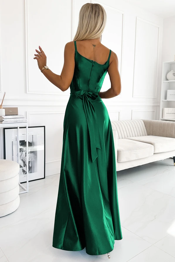 512-1 JULIET elegantní dlouhé saténové šaty s výstřihem - zelené