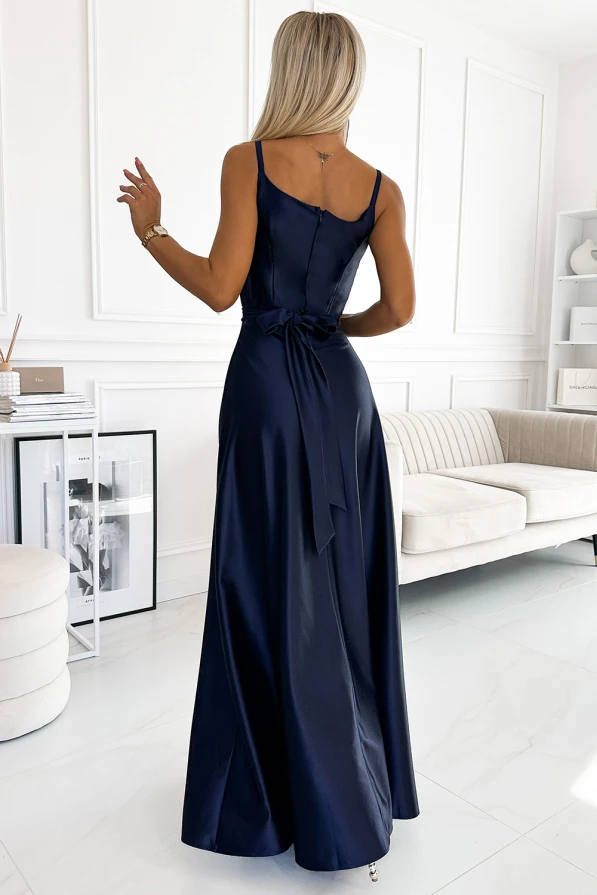 512-2 JULIET elegantní dlouhé saténové šaty s výstřihem - tmavě modrá