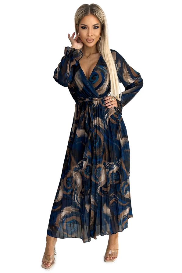 519-1 Plisované šifonové dlouhé šaty s výstřihem, dlouhým rukávem a páskem - modro-béžové vlny