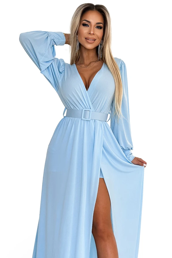 536-1 FIORELLA Dlouhé šaty s širokým páskem a výstřihem - světle modré
