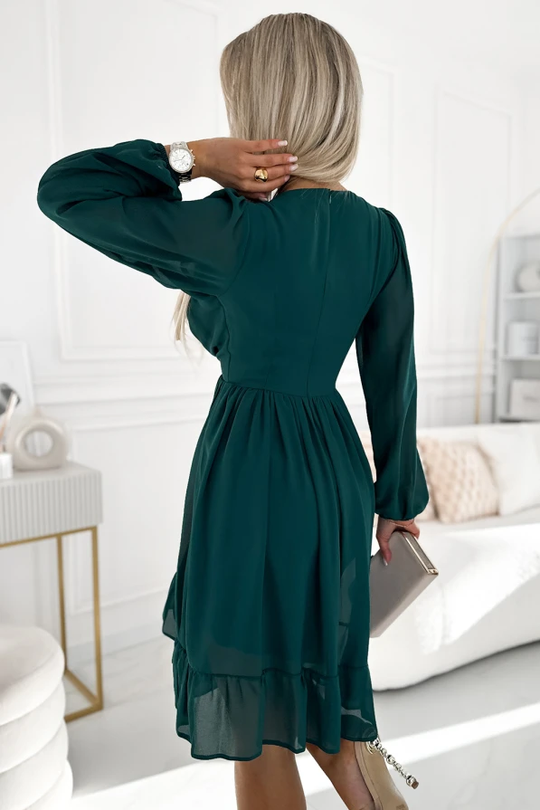 MILA Šifonové midi šaty s dlouhým rukávem a výstřihem - zelené